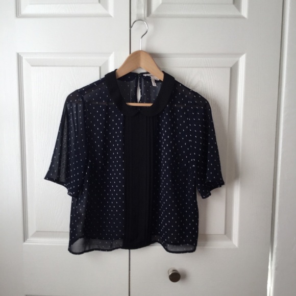 BCBGeneration Navy Sheer Blouse Peter Pan Collar - Picture 3 of 9